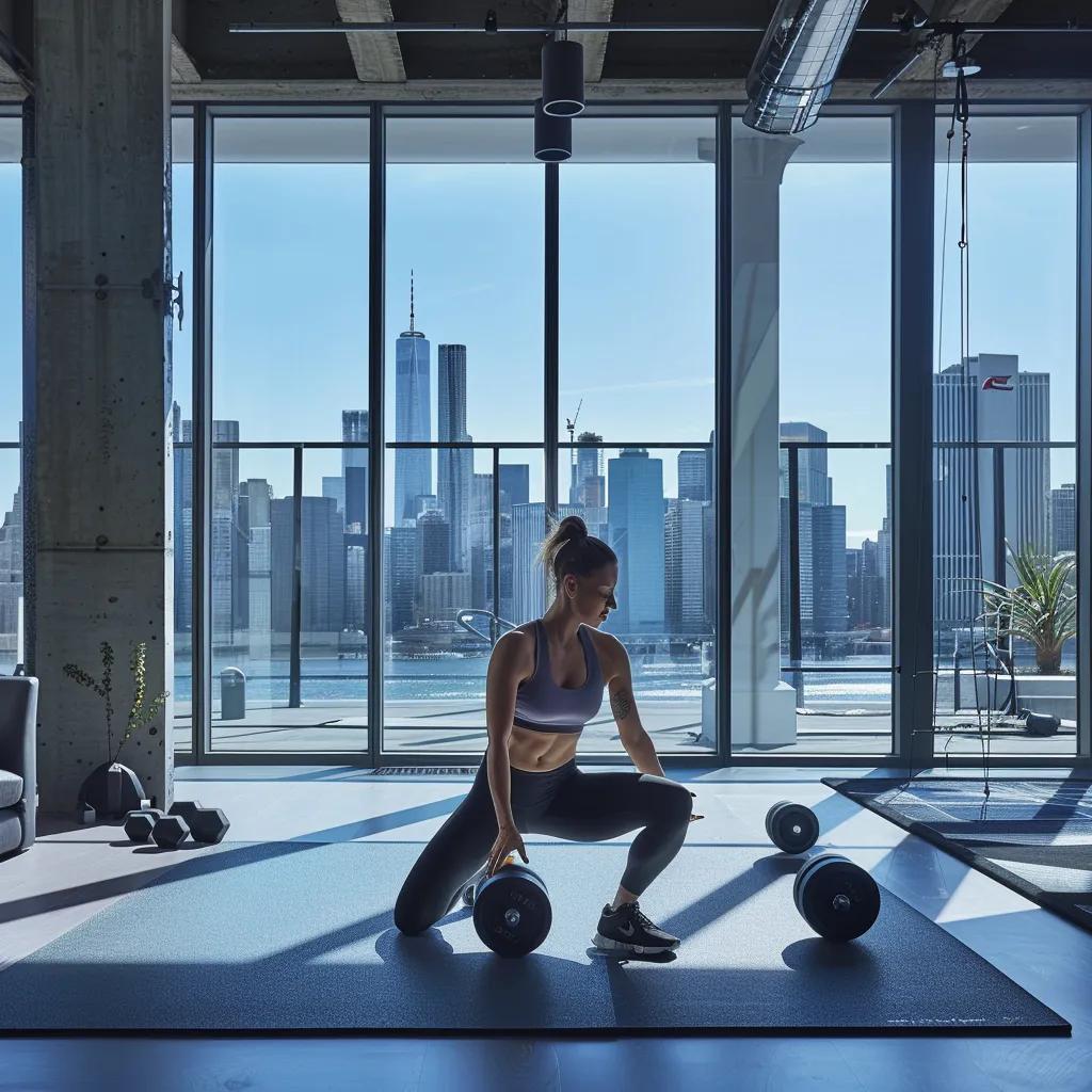 a dynamic urban gym scene showcasing a confident woman engaged in an innovative personal training session, surrounded by sleek equipment and vibrant cityscape views through large windows.