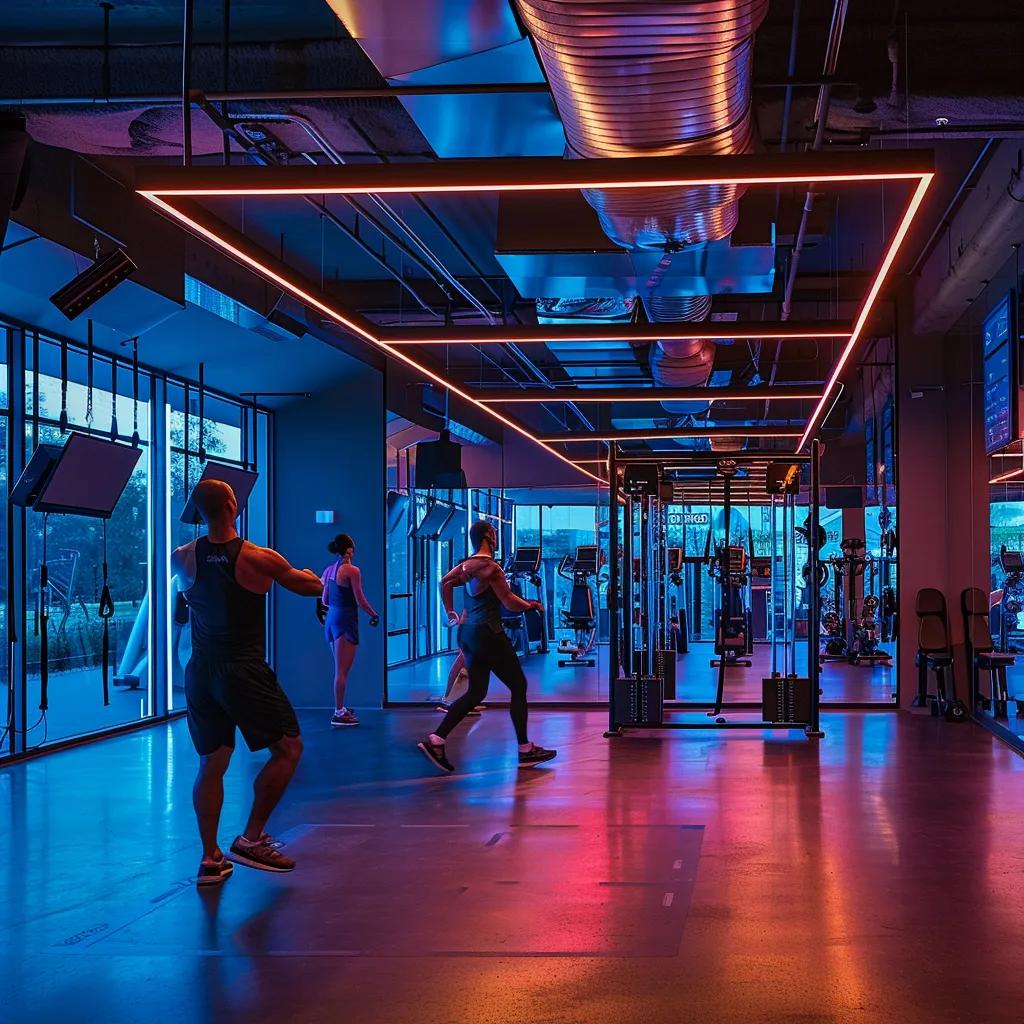 a dynamic indoor training studio showcases a small group engaged in an energetic personal training session, surrounded by modern fitness equipment and motivational banners, highlighting the integration of exercise into a busy lifestyle.