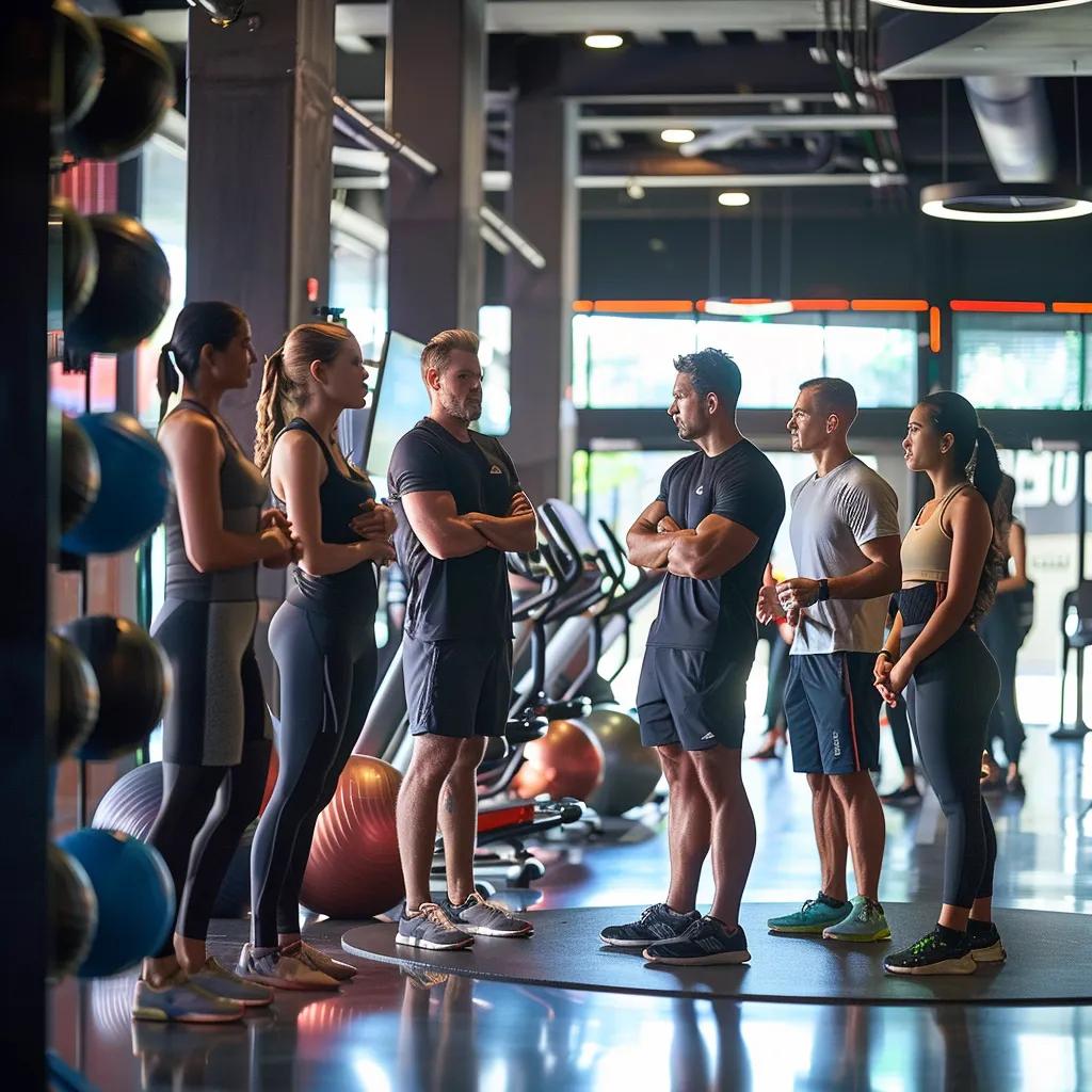a dynamic small group personal training session unfolds in a modern gym, where focused individuals engage with an enthusiastic trainer amidst vibrant equipment and motivational decor.
