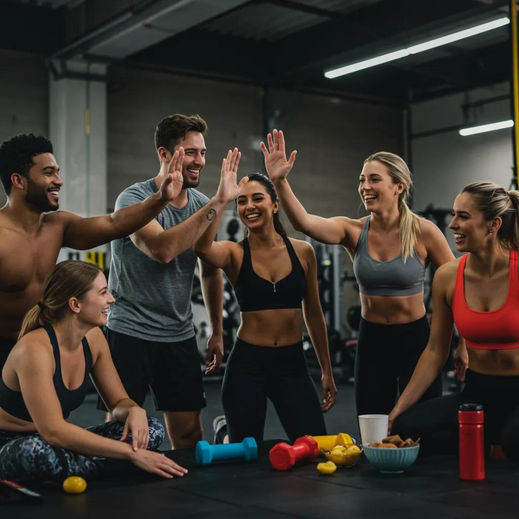 Group of clients celebrating fitness achievements in a gym, illustrating success stories