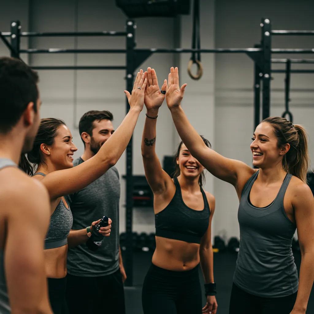 Group of fitness participants celebrating achievements and fostering social connections