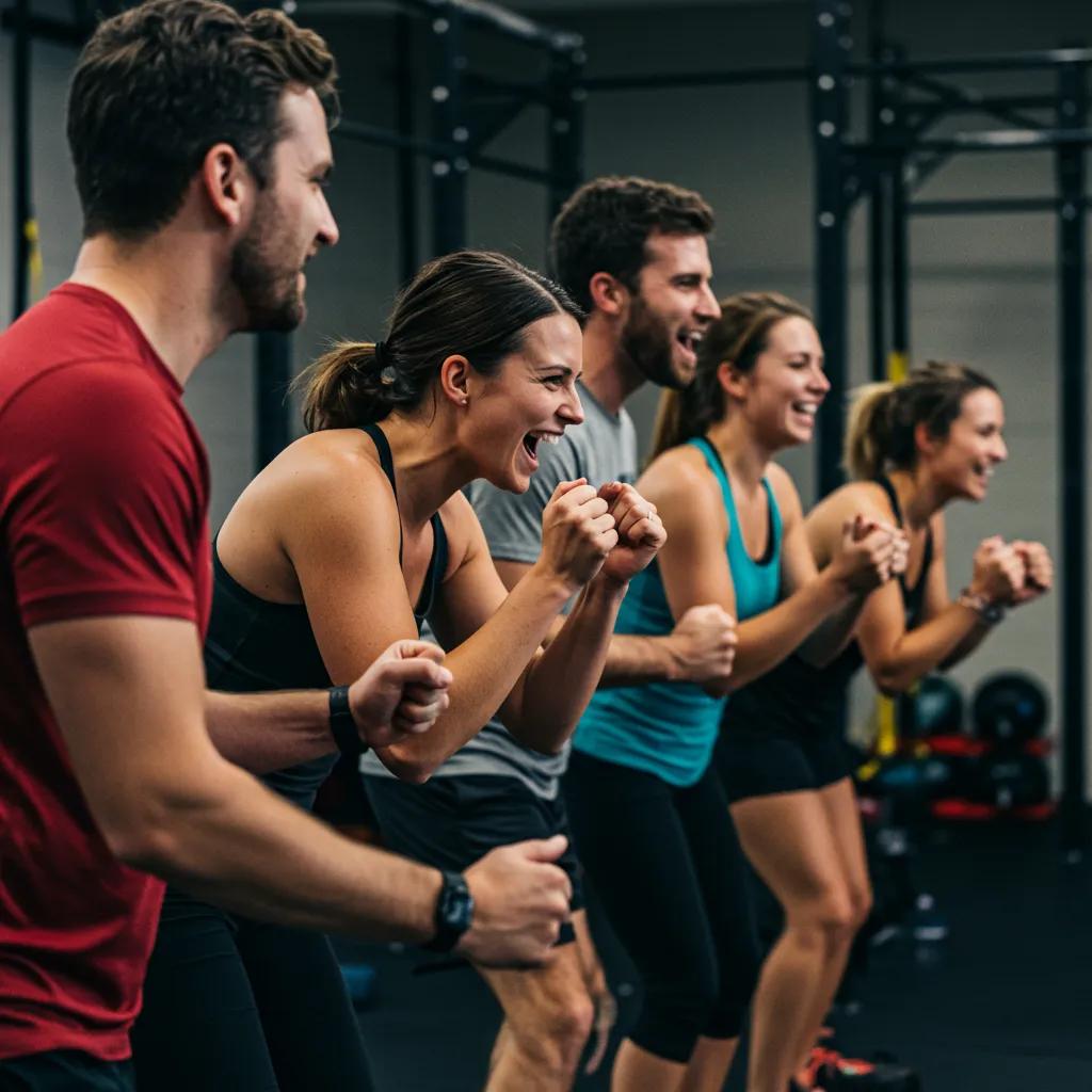 Participants in a small group training session motivating each other during a workout