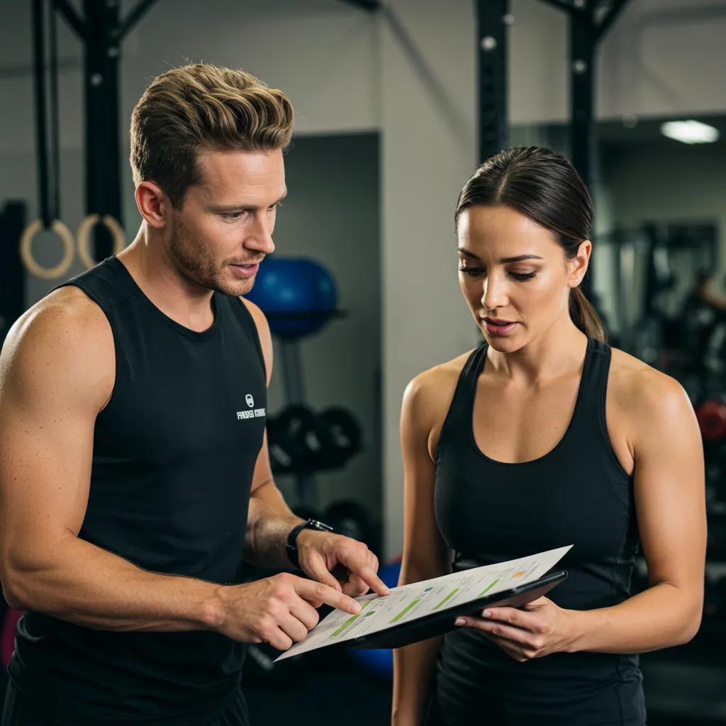 Trainer and client reviewing a customized workout plan in a gym setting