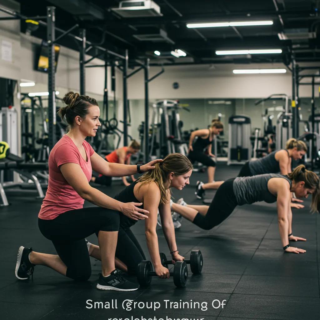 Trainer providing personalized attention in a small group training session, highlighting the benefits of community and motivation