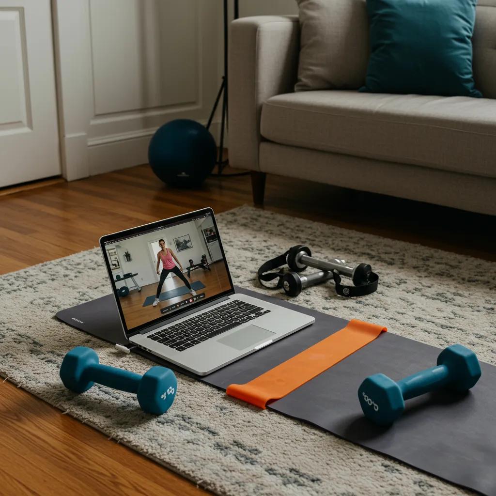 Individual participating in an online small group personal training session at home