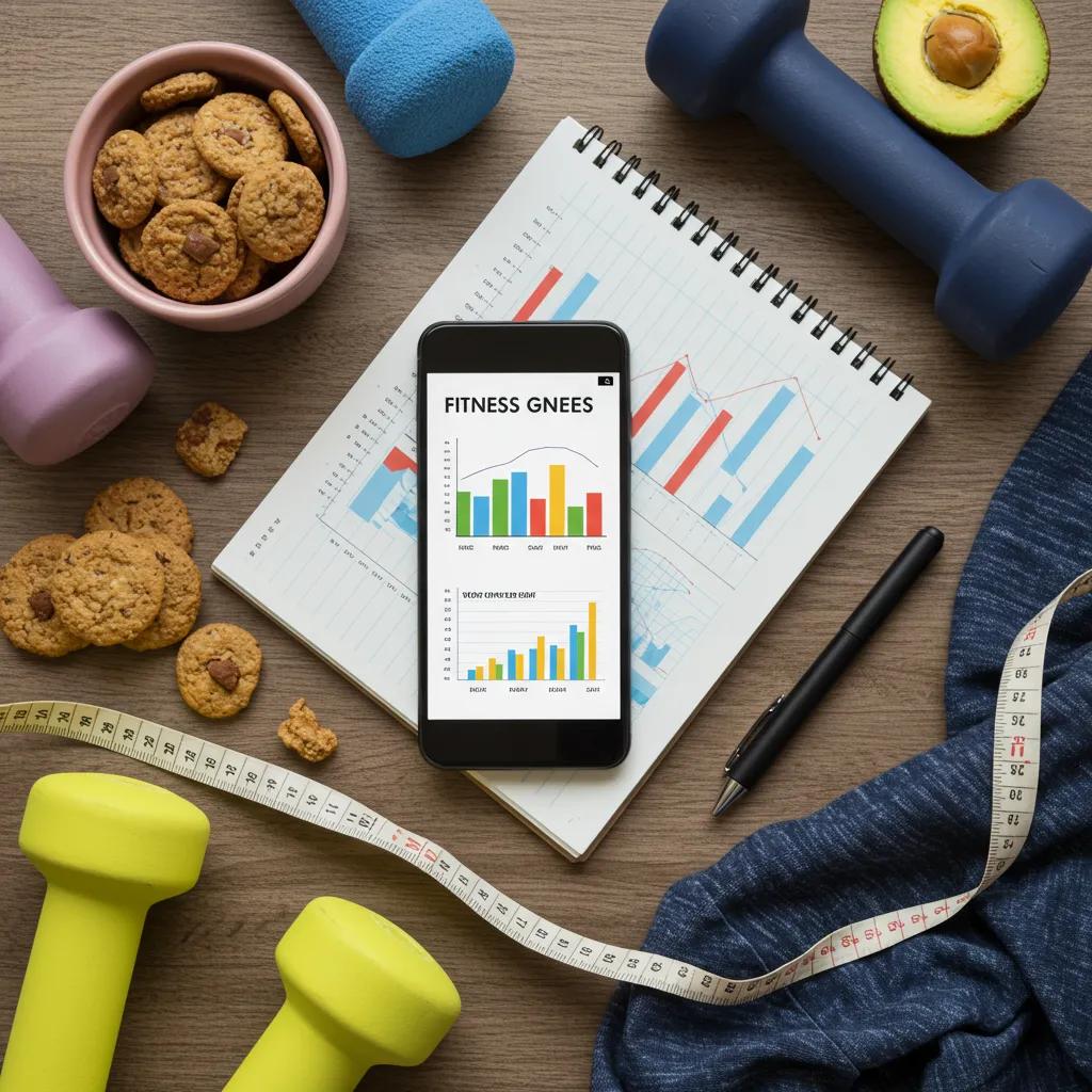 Individual tracking fitness progress with workout gear and healthy snacks, symbolizing commitment to transformation