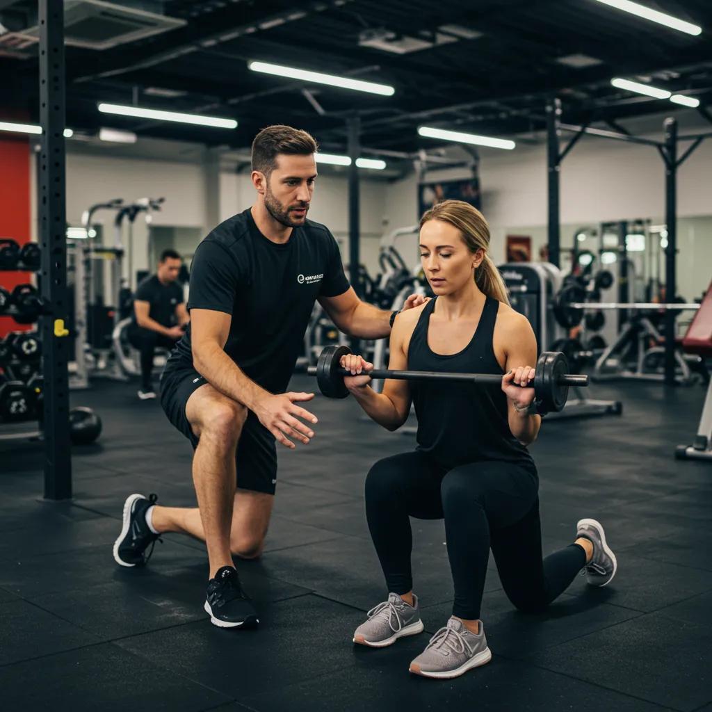 Personal trainer coaching a client in a gym, emphasizing individualized attention and support