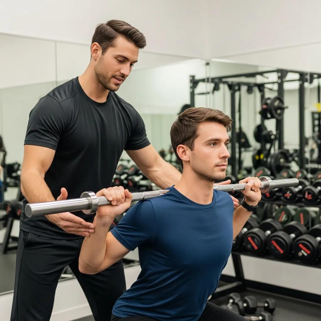 Certified trainer assisting a beginner with squat technique in a fitness studio