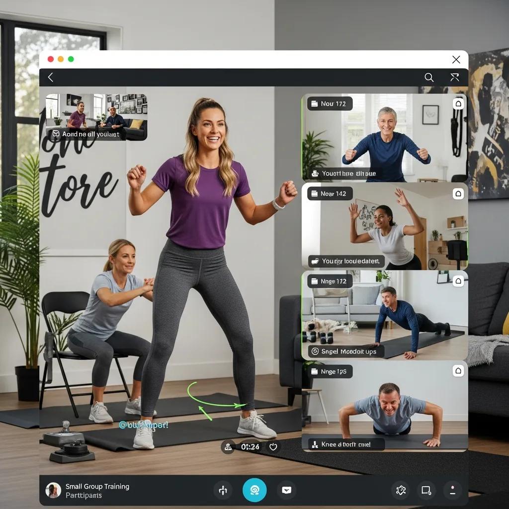 Virtual small group training session with participants engaging from home, highlighting online fitness